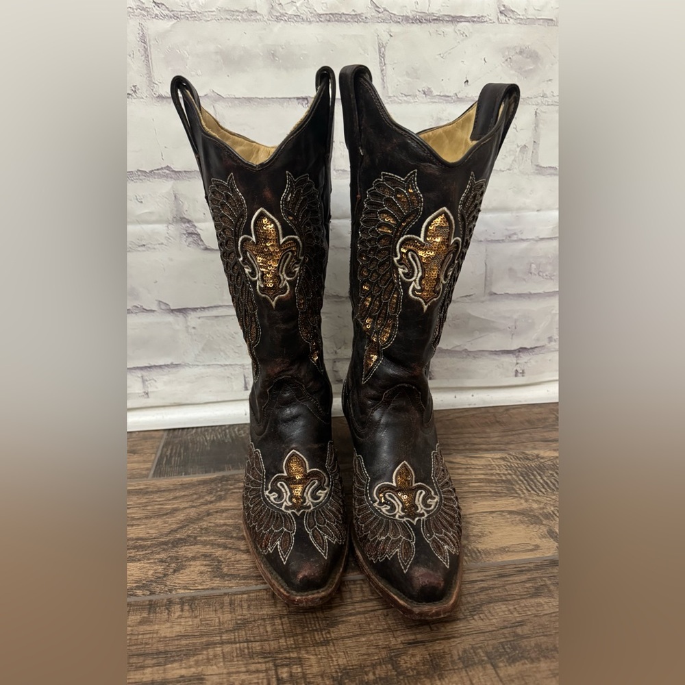 Corral 6.5M Fleur De Lis Wings Sequin Bling Brown Leather Cowgirl‎ Western Boots